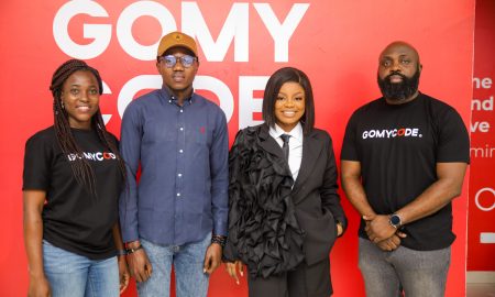 L-R: Temitayo Akinwale, Hackerspace Manager, GOMYCODE Nigeria; Abiodun Adefusi, Community Ambassador Lead Africa & Western Asia, Topcoder; Tobi Ayeni, Tech Creator and Founder, Miss Techy and Babatunde Olaifa, General Manager, GOMYCODE Nigeria at the opening of the new flagship Hackerspace in Lagos, Nigeria