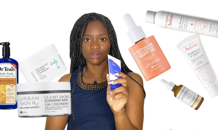 A woman applies skincare products to her face as she shares her experience with postpartum acne and her skincare regime to combat it.