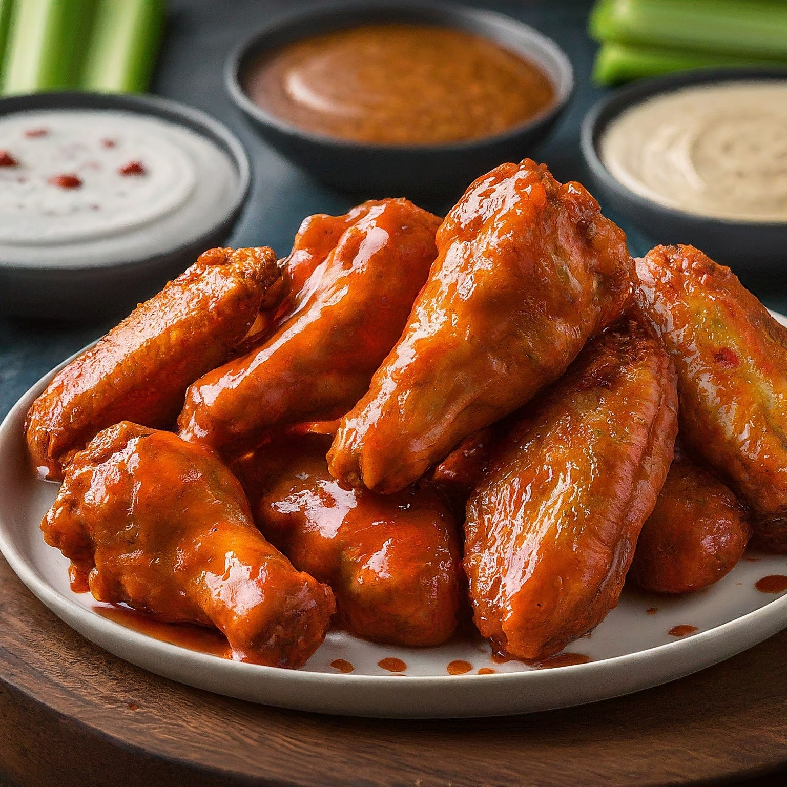 A close-up of buffalo wings covered in sauce with dip options in the background.