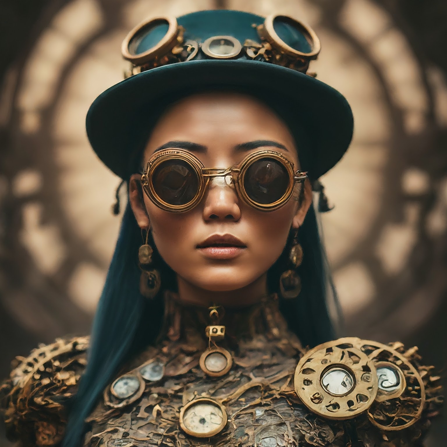 A close-up of a person wearing fantastical attire adorned with gears and clocks. 