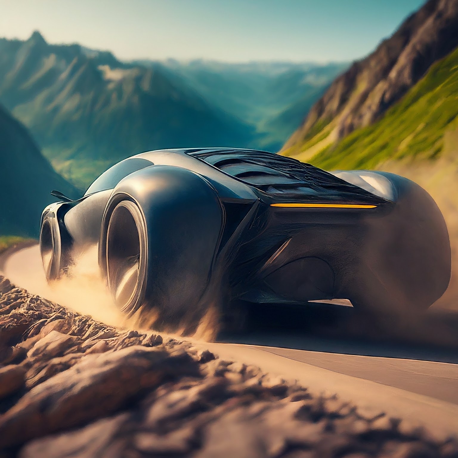 A futuristic automobile driving on a dirt road through the mountains 
