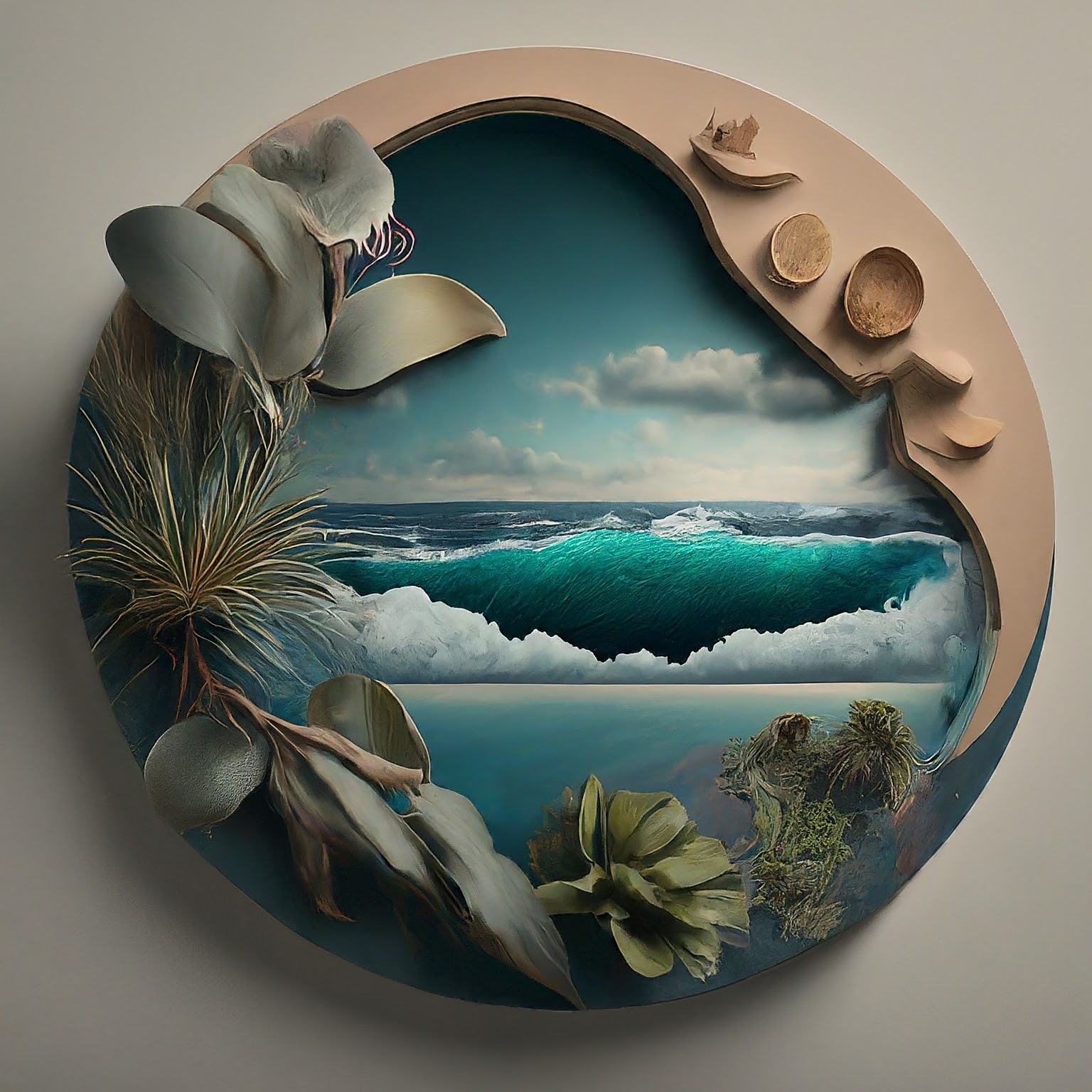 An art piece with shells and plants along the outer edge and waves crashing in the center.
