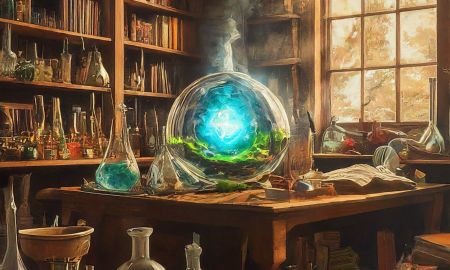An image of a chemistry lab with colorful flasks around the table, a bookshelf in the background and light peeking through a window generated with bard