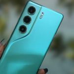 TECNO CAMON 40 smartphone showcasing its sleek design, large AMOLED display, and rear camera module with AI-powered triple lenses.