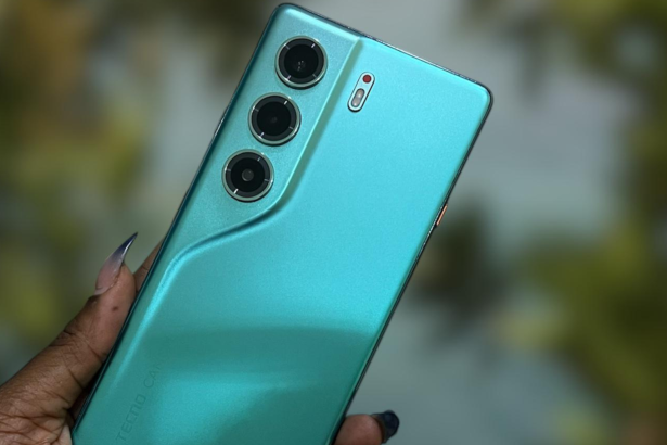 TECNO CAMON 40 smartphone showcasing its sleek design, large AMOLED display, and rear camera module with AI-powered triple lenses.