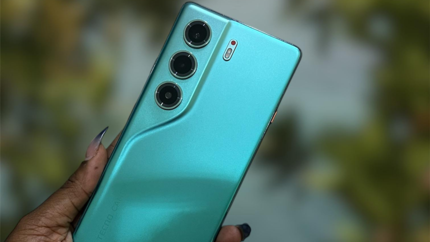 TECNO CAMON 40 smartphone showcasing its sleek design, large AMOLED display, and rear camera module with AI-powered triple lenses.